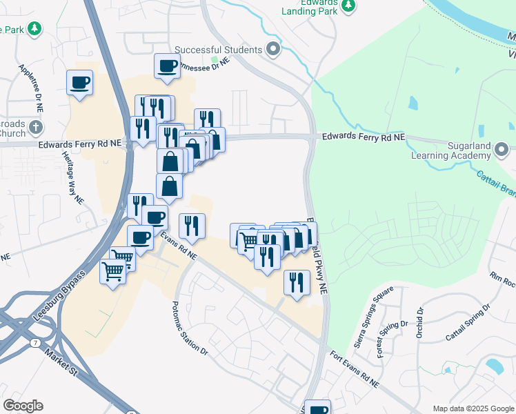 map of restaurants, bars, coffee shops, grocery stores, and more near 1503 Edwards Ferry Road Northeast in Leesburg