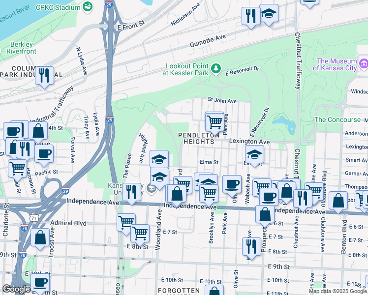 map of restaurants, bars, coffee shops, grocery stores, and more near 305 Maple Boulevard in Kansas City