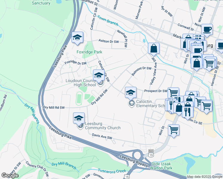 map of restaurants, bars, coffee shops, grocery stores, and more near 404 Dry Mill Road Southwest in Leesburg