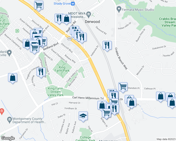 map of restaurants, bars, coffee shops, grocery stores, and more near 149 Pasture Side Way in Rockville