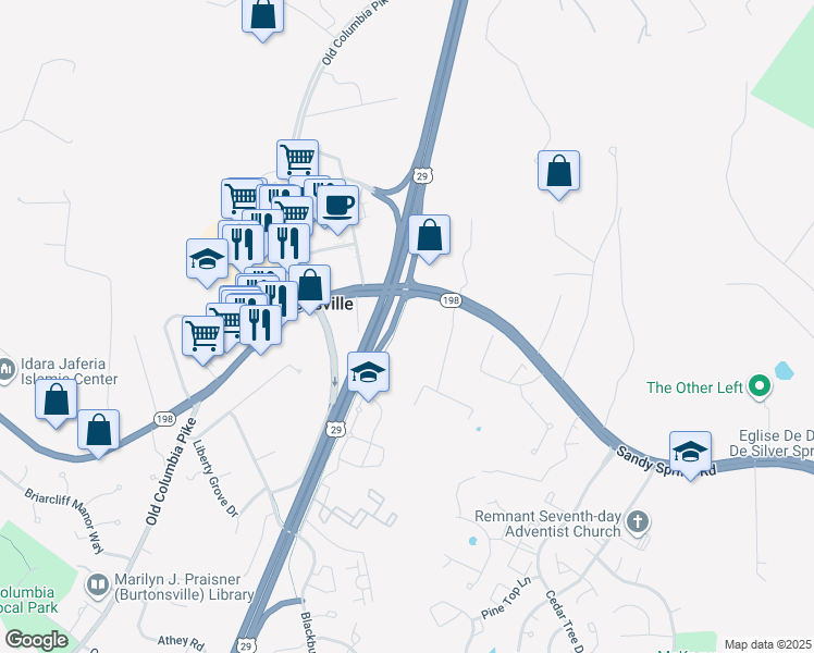 map of restaurants, bars, coffee shops, grocery stores, and more near 4001 Sandy Spring Road in Burtonsville