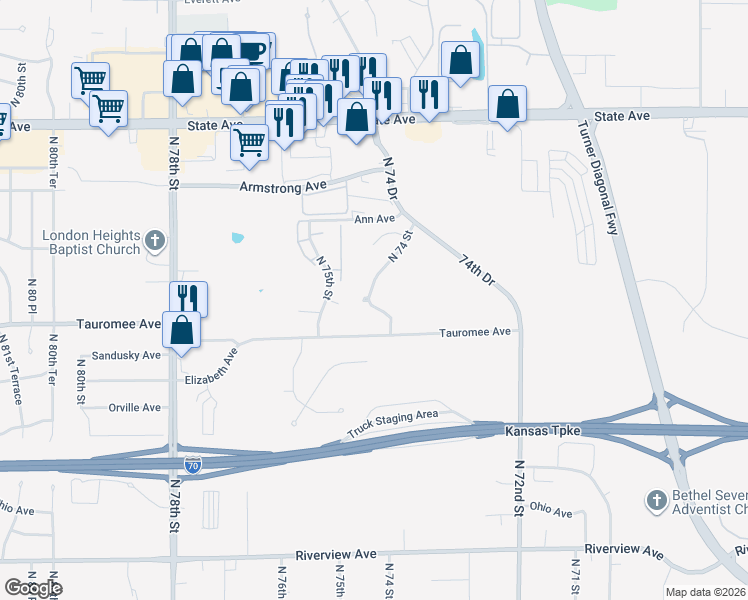map of restaurants, bars, coffee shops, grocery stores, and more near 635 North 74th Street in Kansas City