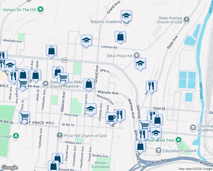 map of restaurants, bars, coffee shops, grocery stores, and more near 1032 Parkson Place in Cincinnati