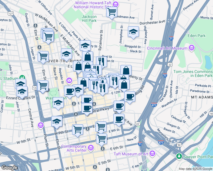 map of restaurants, bars, coffee shops, grocery stores, and more near 1310 Sycamore Street in Cincinnati