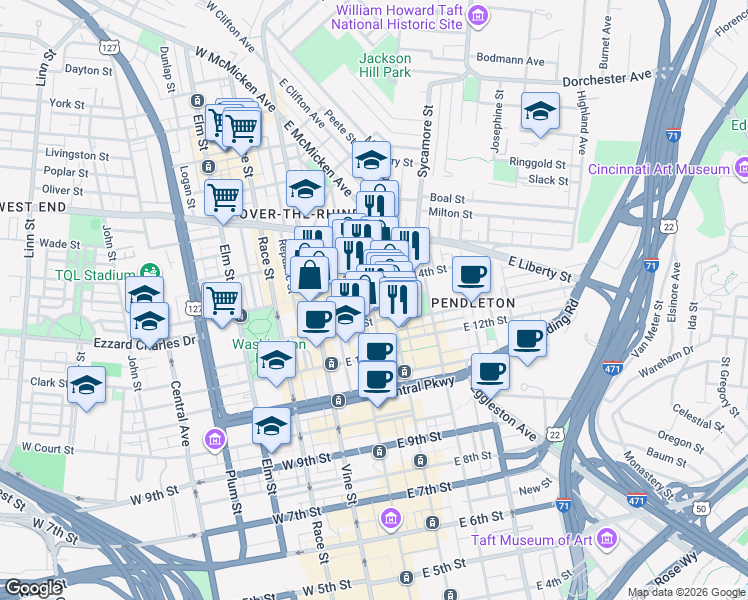map of restaurants, bars, coffee shops, grocery stores, and more near 1335 Clay Street in Cincinnati