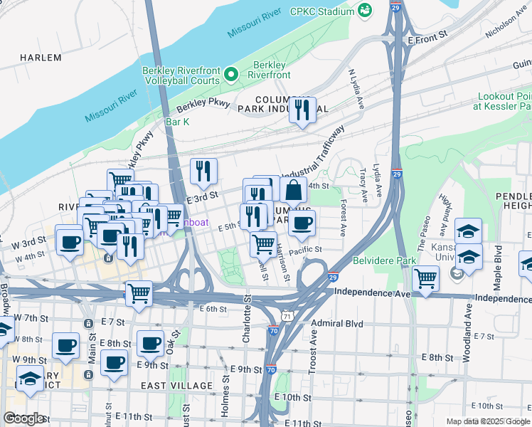 map of restaurants, bars, coffee shops, grocery stores, and more near in Kansas City