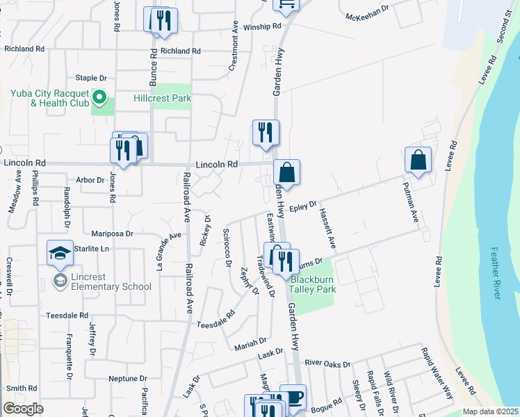 map of restaurants, bars, coffee shops, grocery stores, and more near 541 Scirocco Drive in Yuba City
