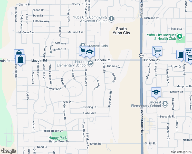 map of restaurants, bars, coffee shops, grocery stores, and more near 1172 Joseph Street in Yuba City
