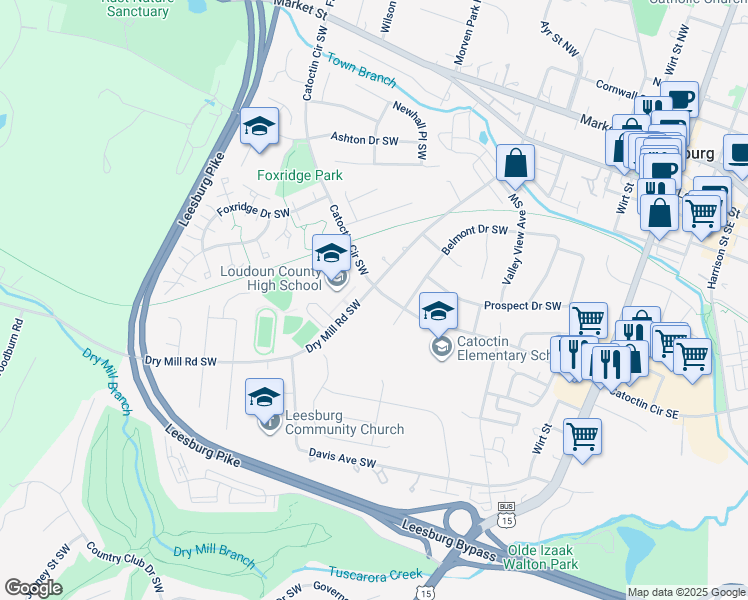 map of restaurants, bars, coffee shops, grocery stores, and more near 404 Dry Mill Road Southwest in Leesburg