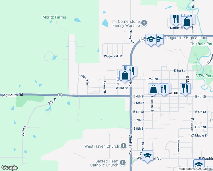 map of restaurants, bars, coffee shops, grocery stores, and more near 218 West 2nd Street in Tonganoxie