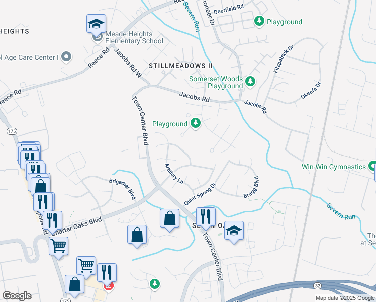 map of restaurants, bars, coffee shops, grocery stores, and more near 208 Ammunition Avenue in Odenton