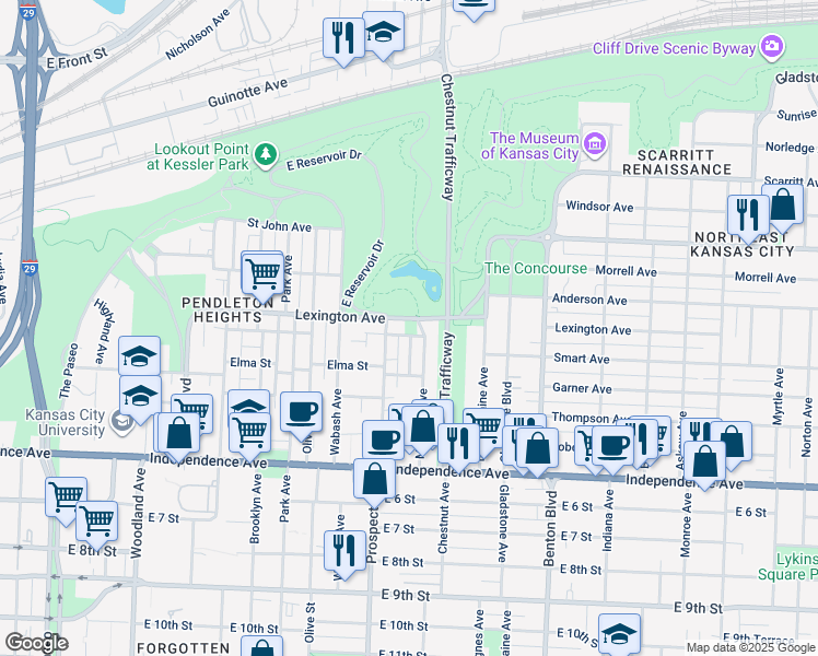 map of restaurants, bars, coffee shops, grocery stores, and more near 2617 Lexington Avenue in Kansas City