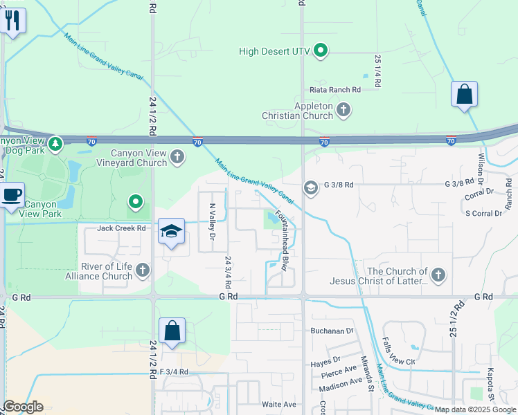 map of restaurants, bars, coffee shops, grocery stores, and more near 2482 Canvasback Place in Grand Junction