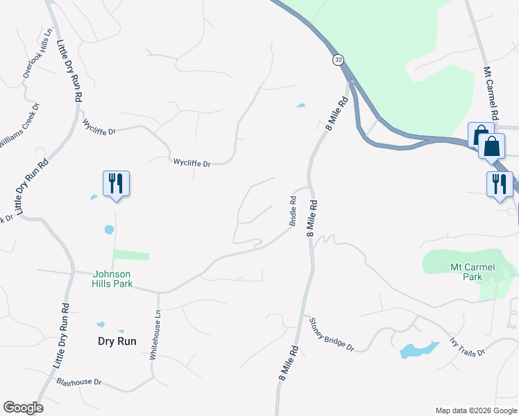 map of restaurants, bars, coffee shops, grocery stores, and more near 8330 Bridle Road in Cincinnati