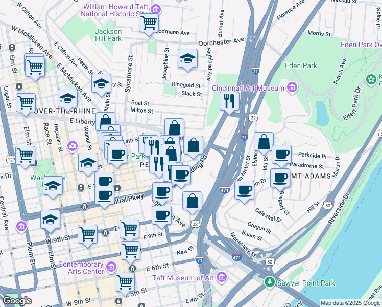 map of restaurants, bars, coffee shops, grocery stores, and more near 532 East 13th Street in Cincinnati