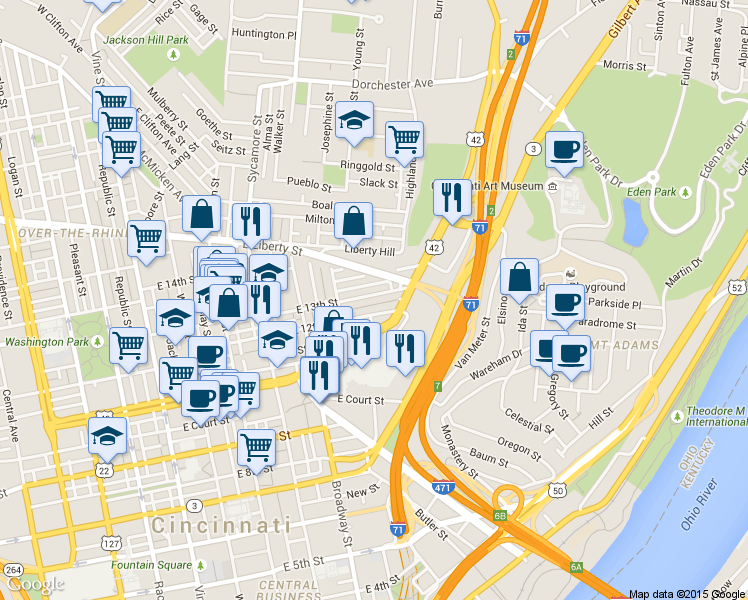 map of restaurants, bars, coffee shops, grocery stores, and more near 532 East 13th Street in Cincinnati