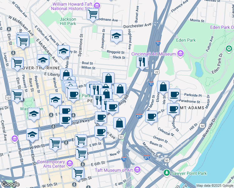 map of restaurants, bars, coffee shops, grocery stores, and more near 532 East 13th Street in Cincinnati