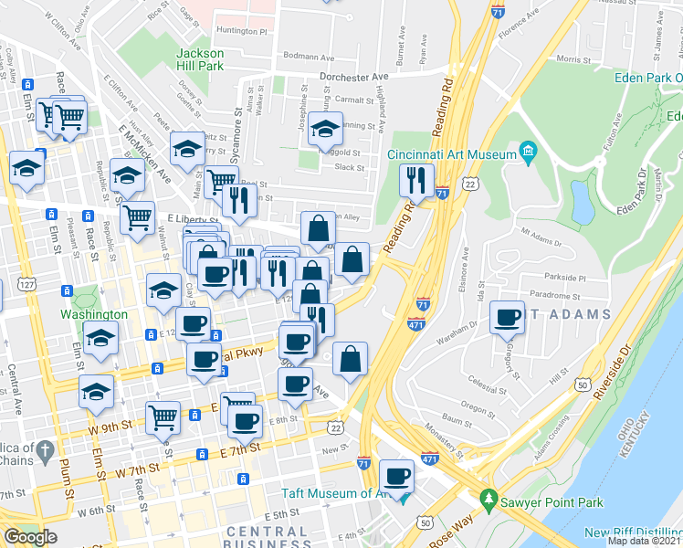 map of restaurants, bars, coffee shops, grocery stores, and more near 532 East 13th Street in Cincinnati