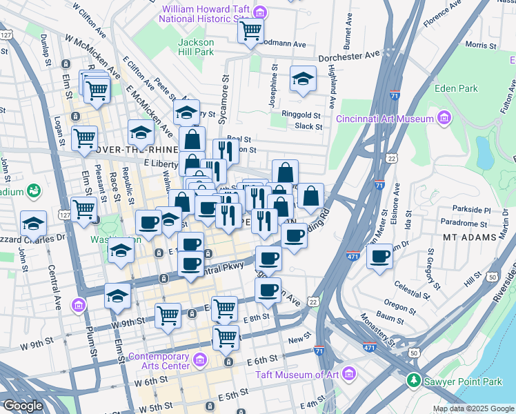 map of restaurants, bars, coffee shops, grocery stores, and more near in Cincinnati