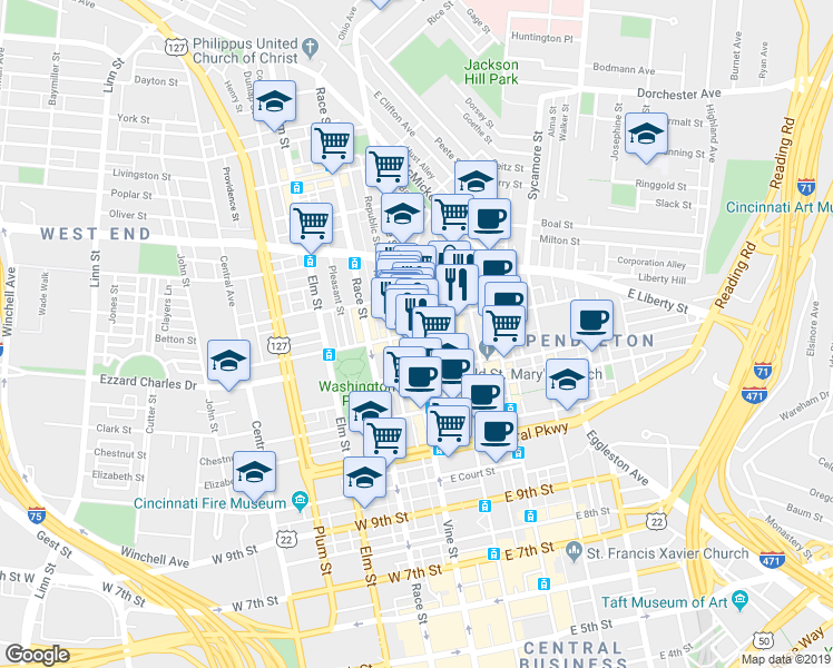 map of restaurants, bars, coffee shops, grocery stores, and more near 1415 Walnut Street in Cincinnati