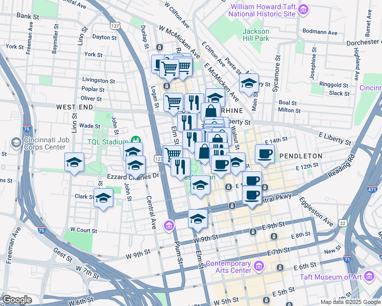 map of restaurants, bars, coffee shops, grocery stores, and more near 1419 Race Street in Cincinnati