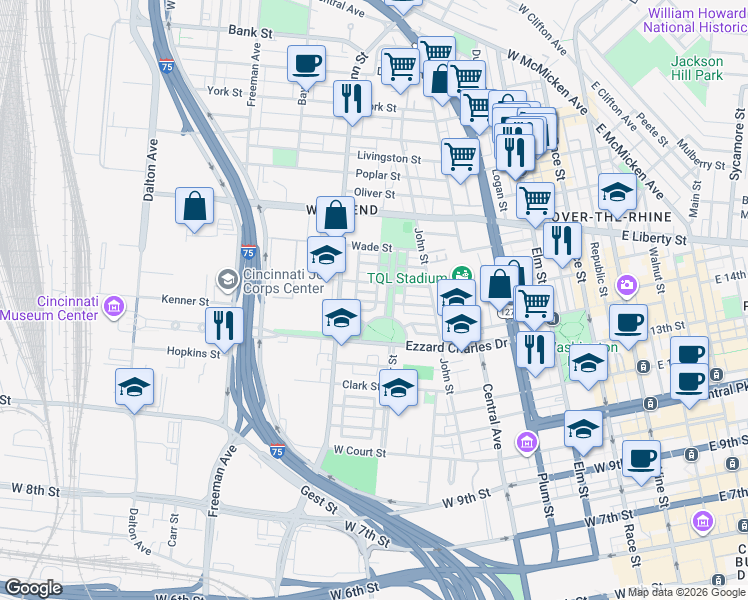 map of restaurants, bars, coffee shops, grocery stores, and more near 715 Peru Drive in Cincinnati