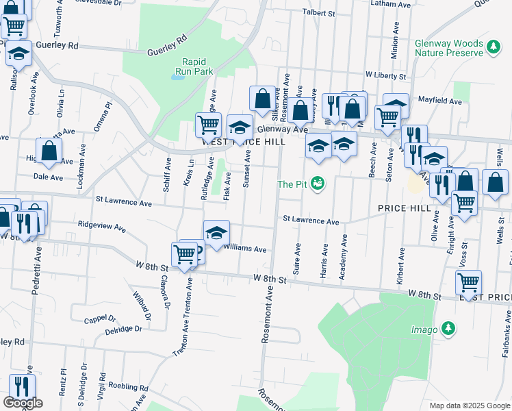 map of restaurants, bars, coffee shops, grocery stores, and more near 1024 Sunset Avenue in Cincinnati