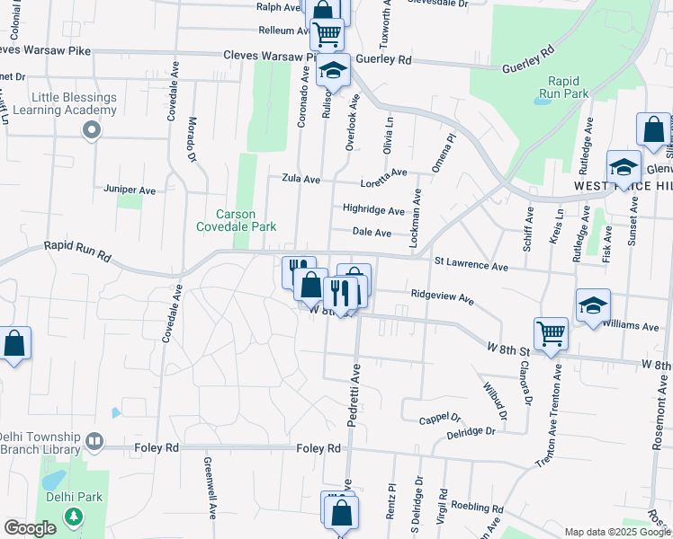 map of restaurants, bars, coffee shops, grocery stores, and more near 4827 Rapid Run Road in Cincinnati