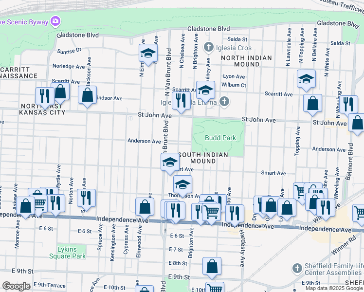 map of restaurants, bars, coffee shops, grocery stores, and more near 4914 Budd Park Espl Street in Kansas City