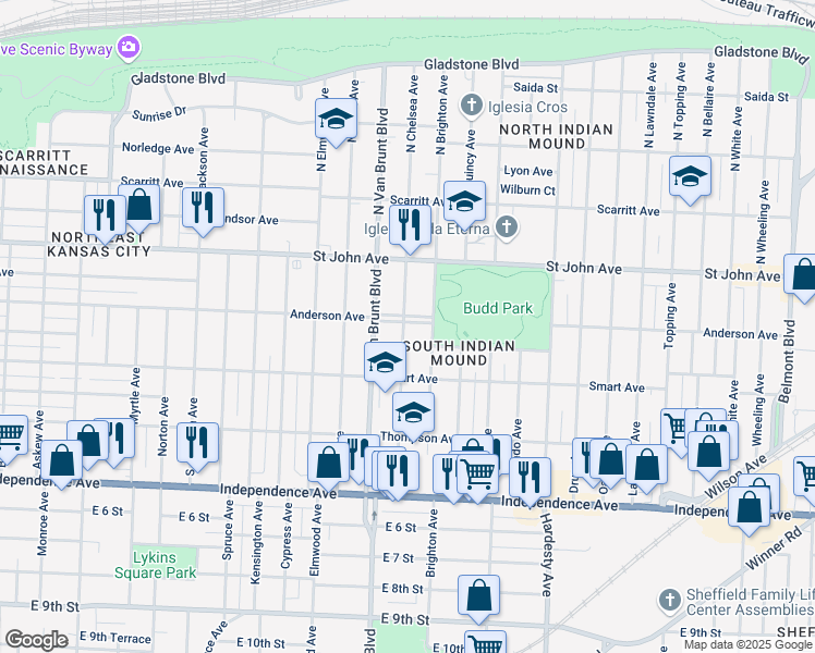 map of restaurants, bars, coffee shops, grocery stores, and more near 4914 Budd Park Espl Street in Kansas City