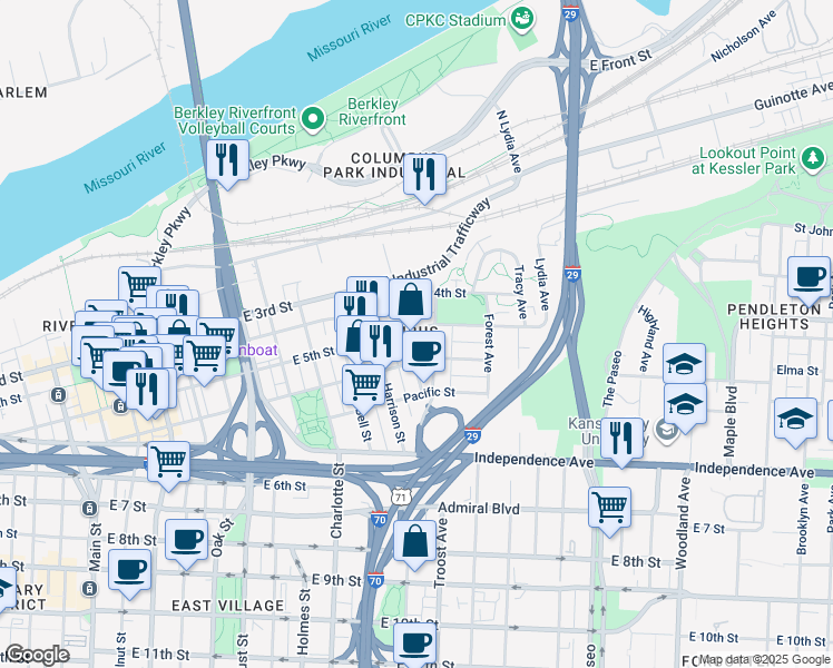 map of restaurants, bars, coffee shops, grocery stores, and more near 1040 East 5th Street in Kansas City