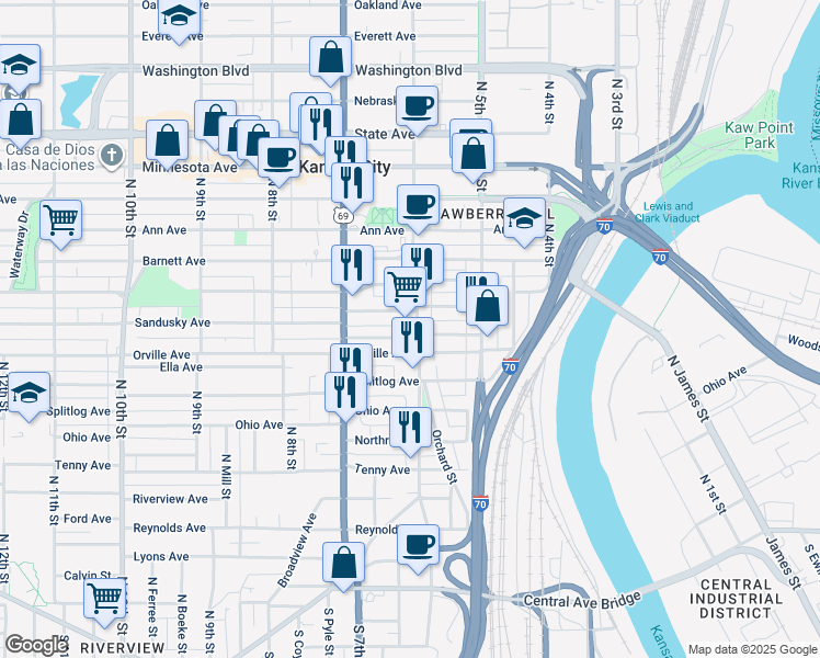 map of restaurants, bars, coffee shops, grocery stores, and more near 613 Sandusky Avenue in Kansas City