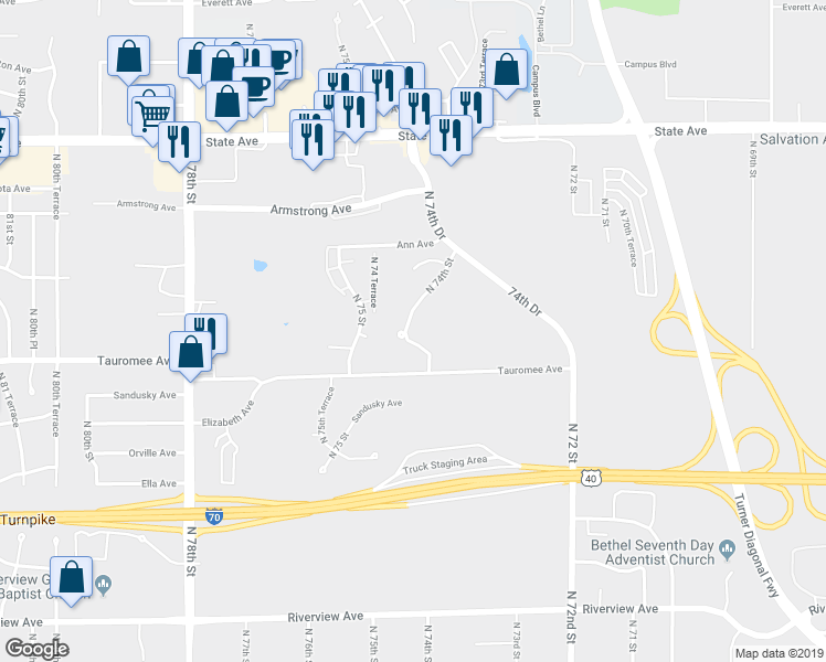 map of restaurants, bars, coffee shops, grocery stores, and more near 642 North 74th Street in Kansas City