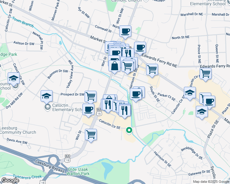 map of restaurants, bars, coffee shops, grocery stores, and more near 3 Stationmaster Street Southeast in Leesburg