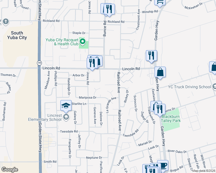 map of restaurants, bars, coffee shops, grocery stores, and more near 863 Graystone Court in Yuba City