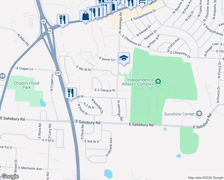 map of restaurants, bars, coffee shops, grocery stores, and more near 335 North Gilbert Street in Independence