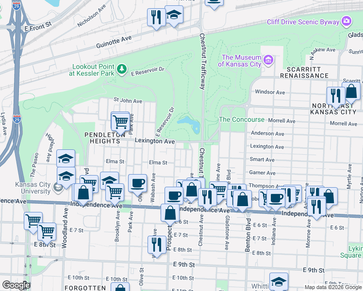 map of restaurants, bars, coffee shops, grocery stores, and more near 2617 Lexington Avenue in Kansas City