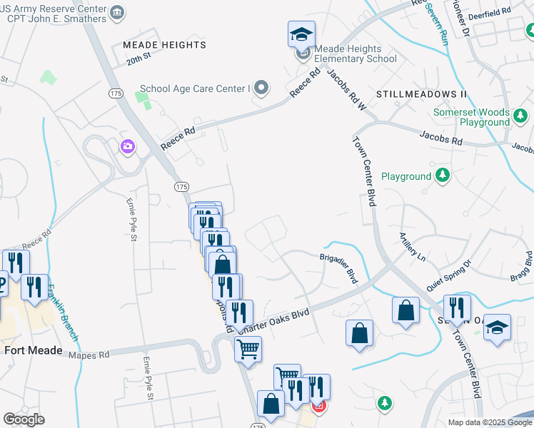 map of restaurants, bars, coffee shops, grocery stores, and more near 2178 Commissary Circle in Odenton