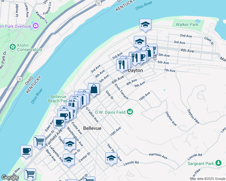 map of restaurants, bars, coffee shops, grocery stores, and more near 702 Ervin Terrace in Dayton