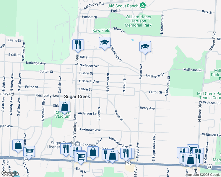 map of restaurants, bars, coffee shops, grocery stores, and more near 11503 Hackett Street in Sugar Creek