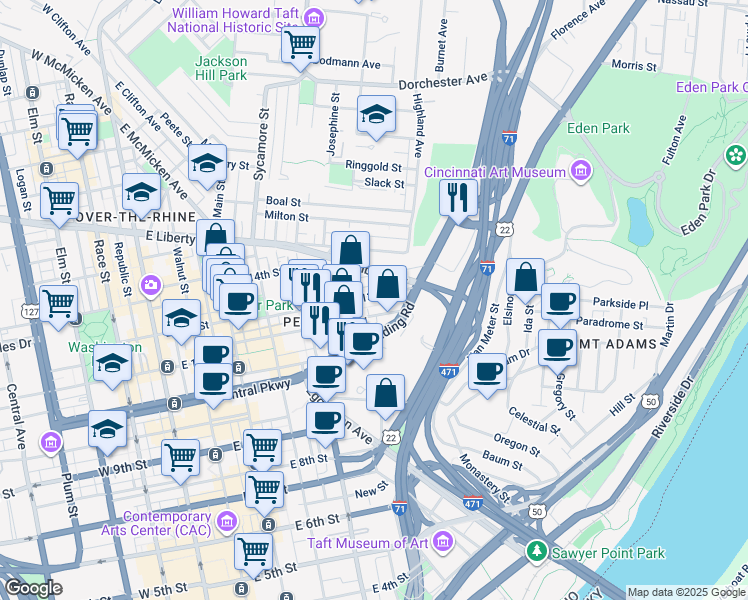 map of restaurants, bars, coffee shops, grocery stores, and more near 527 East 13th Street in Cincinnati