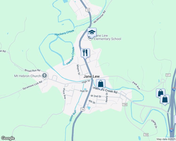 map of restaurants, bars, coffee shops, grocery stores, and more near 6215 Main Street in Jane Lew