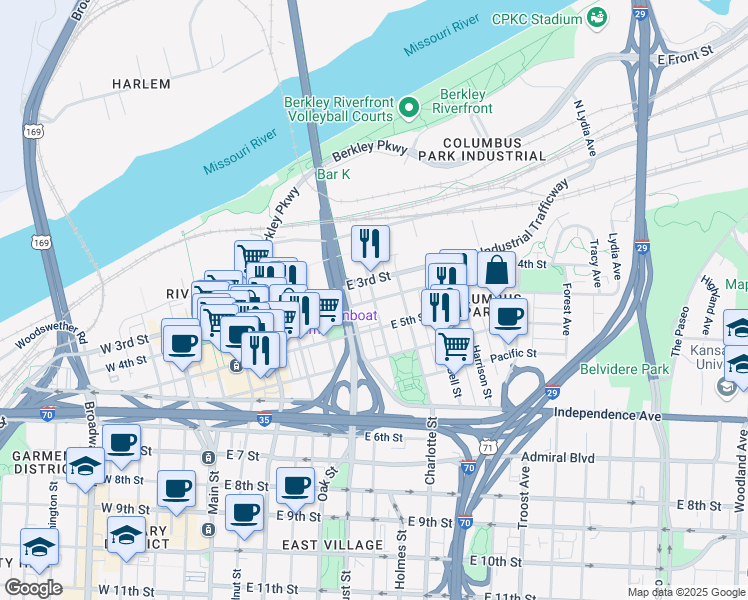 map of restaurants, bars, coffee shops, grocery stores, and more near 700 East 4th Street in Kansas City