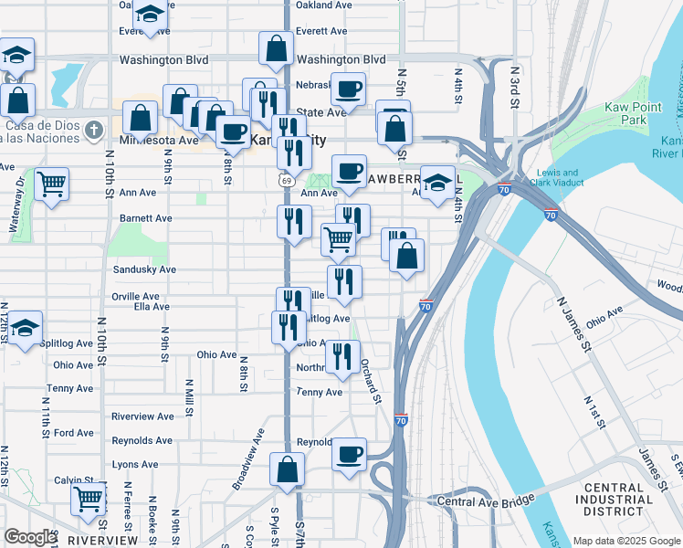 map of restaurants, bars, coffee shops, grocery stores, and more near 613 Sandusky Avenue in Kansas City