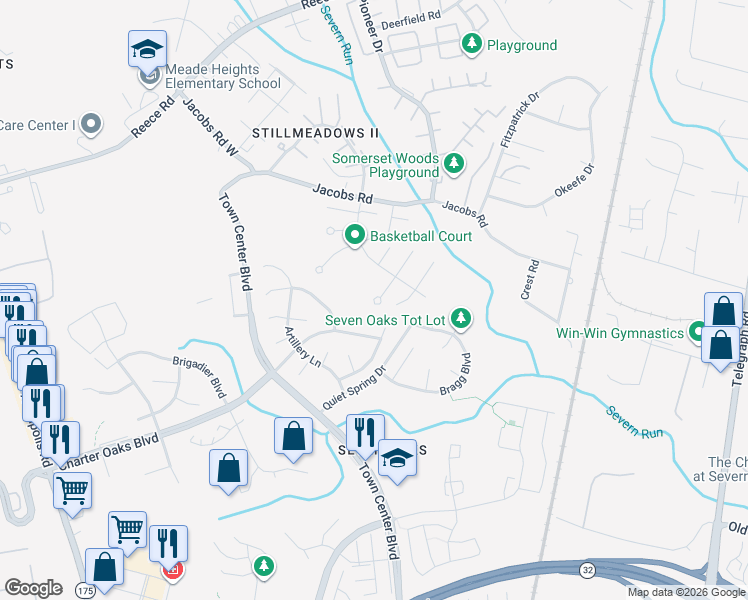 map of restaurants, bars, coffee shops, grocery stores, and more near 1888 Hawk Court in Severn