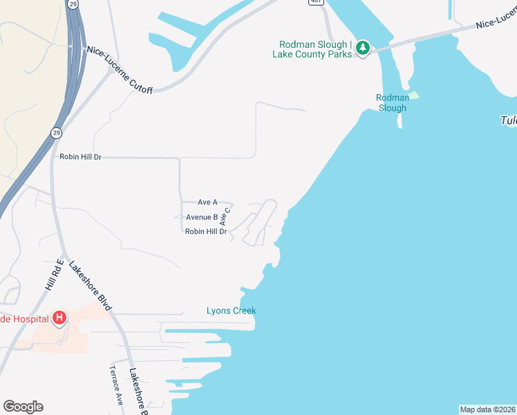 map of restaurants, bars, coffee shops, grocery stores, and more near 5830 Robin Hill Drive in Lakeport