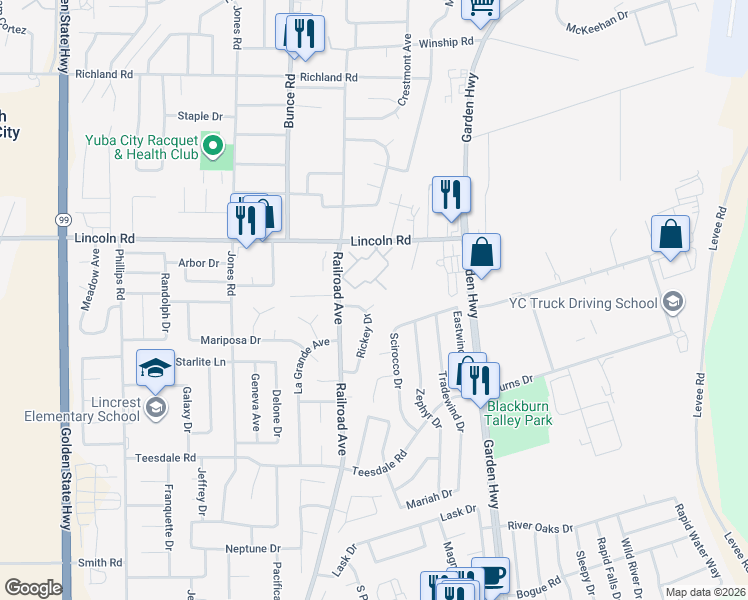 map of restaurants, bars, coffee shops, grocery stores, and more near 750 Lincoln Road in Yuba City