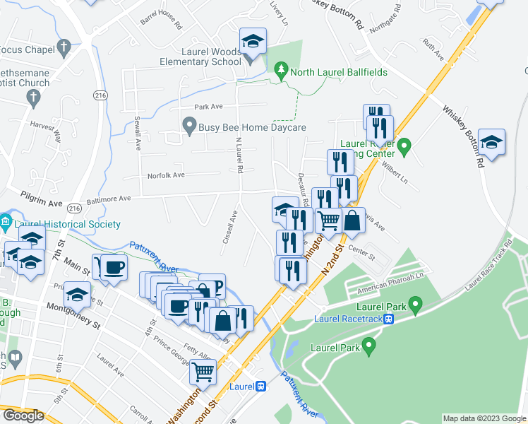map of restaurants, bars, coffee shops, grocery stores, and more near 9416 Madison Avenue in Laurel