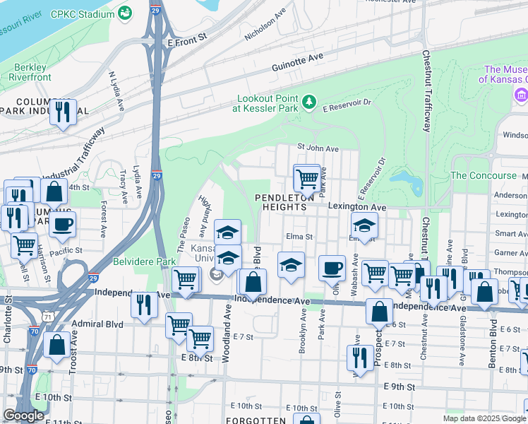 map of restaurants, bars, coffee shops, grocery stores, and more near 303 Maple Boulevard in Kansas City