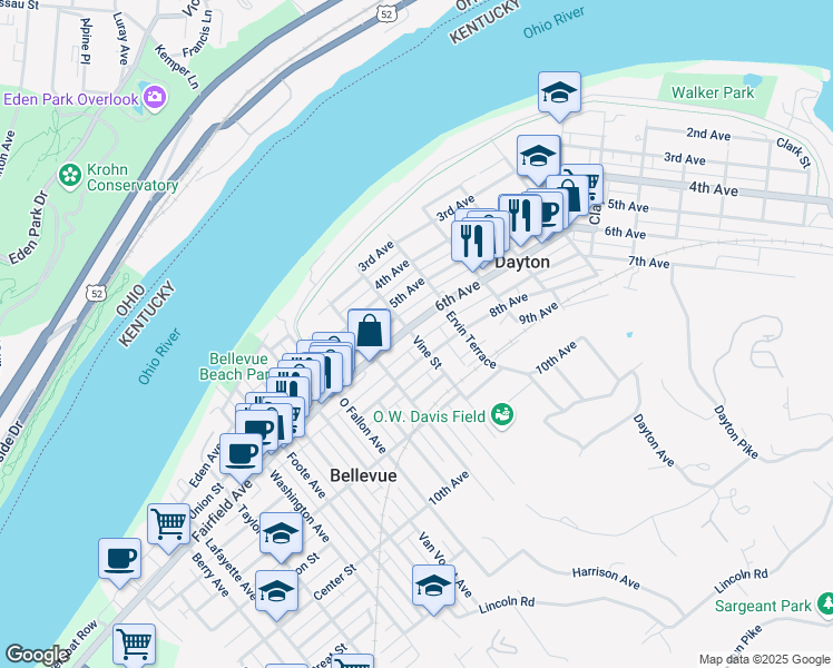 map of restaurants, bars, coffee shops, grocery stores, and more near in Dayton